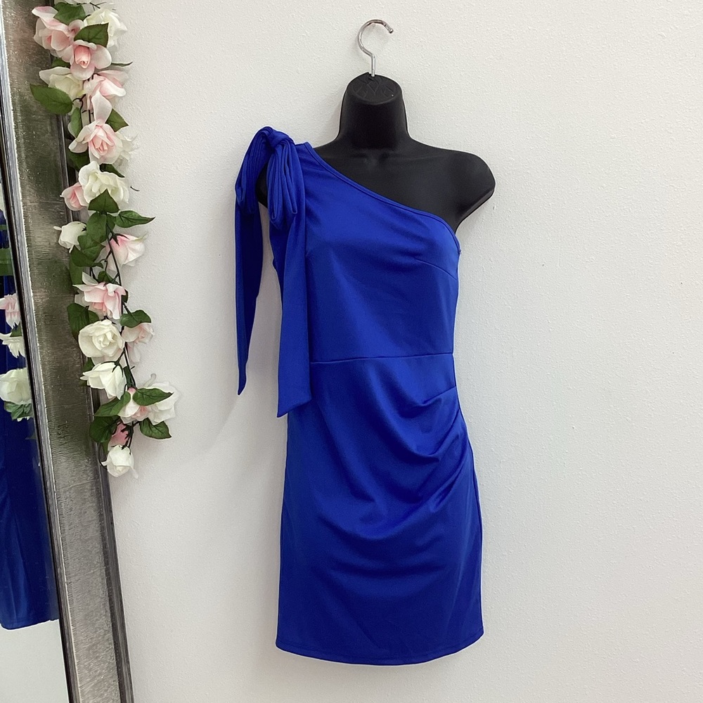 Malina blue bow detail one shoulder bodycon mini dress